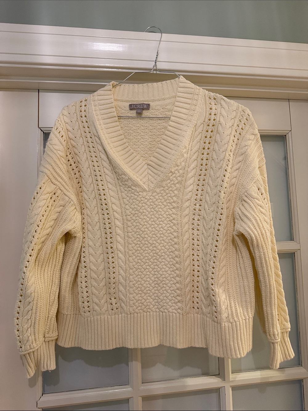 J. Crew Ivory Cable V-Neck Sweater